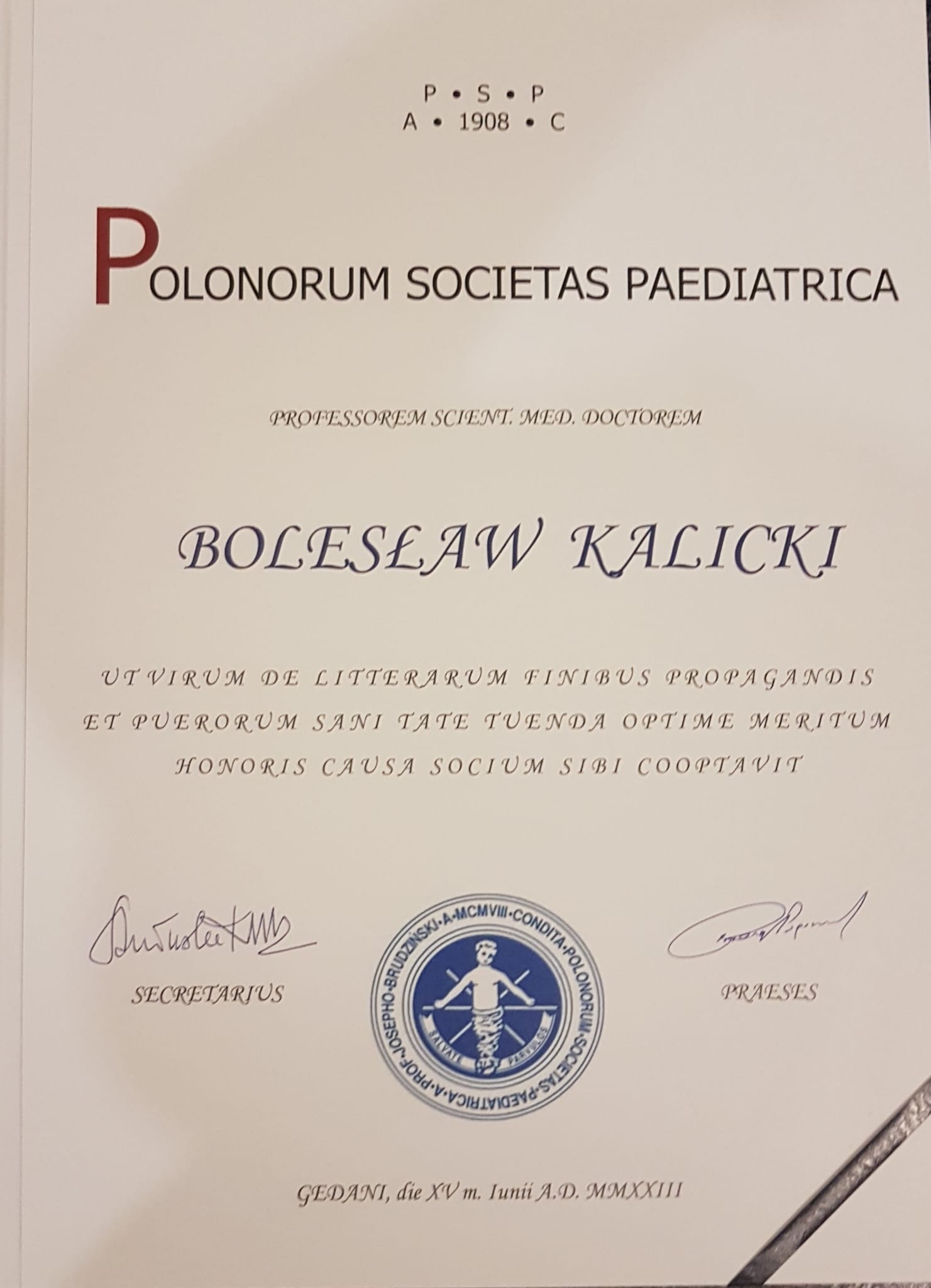 Dyplom Tytuł Członka Honorowego Polskiego Towarzystwa Pediatrycznego dla profesora Bolesława Kalickiego