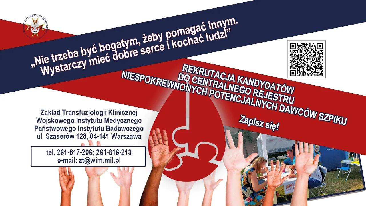 Plakat promujący dołączenie do bazy dawców szpiku w Wojskowym Instytucie Medycznym w Warszawie