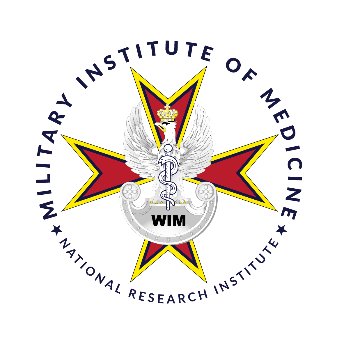 Logo okrągłe Wojskowego Instytutu medycznego Państwowego Instytutu Badawczego w Warszawie. Wersja angielska.