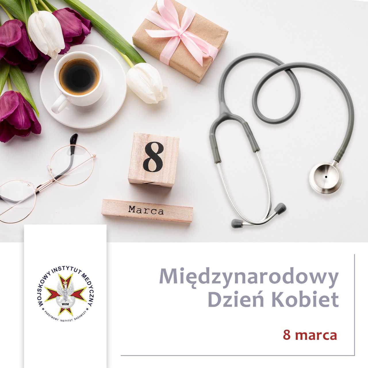 plakat dzień kobiet w WIM. Napis Międzynarodowy Dzień Kobiet 8 marca