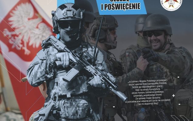 plakat informacyjny z danymi kontaktowymi do centrum weterana WIM, na obrazku znajduje się żołnież niosący poszkodowanego w działaniach na polu walki żołnierza