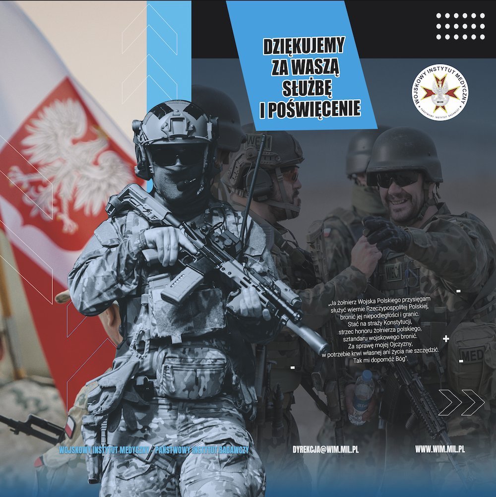 plakat informacyjny z danymi kontaktowymi do centrum weterana WIM, na obrazku znajduje się żołnież niosący poszkodowanego w działaniach na polu walki żołnierza