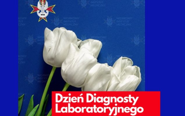 Dzień Diagnosty Laboratoryjnego, w tle białe tulipany.