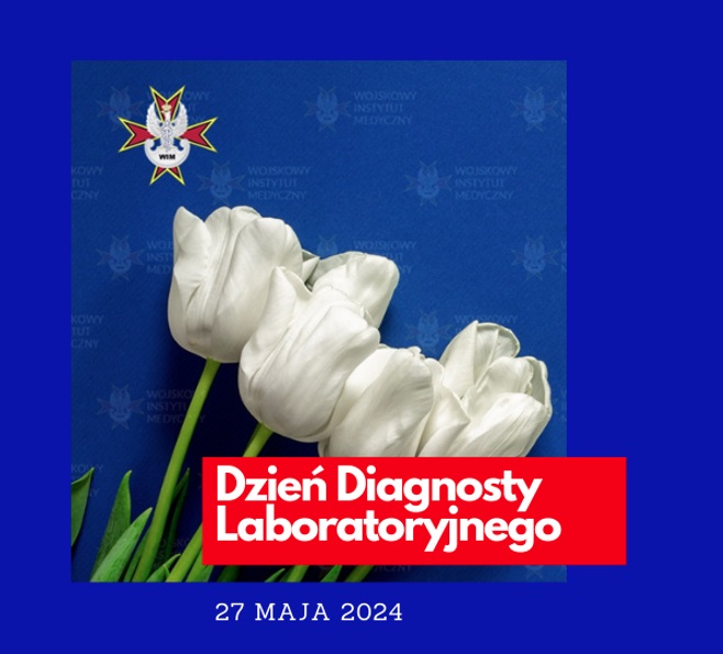 Dzień Diagnosty Laboratoryjnego, w tle białe tulipany.