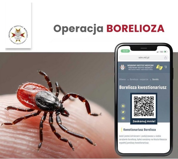 Napis operacja borelioza, kleszcz na opuszku palaca obok telefon z wyświetlonym kodem qr