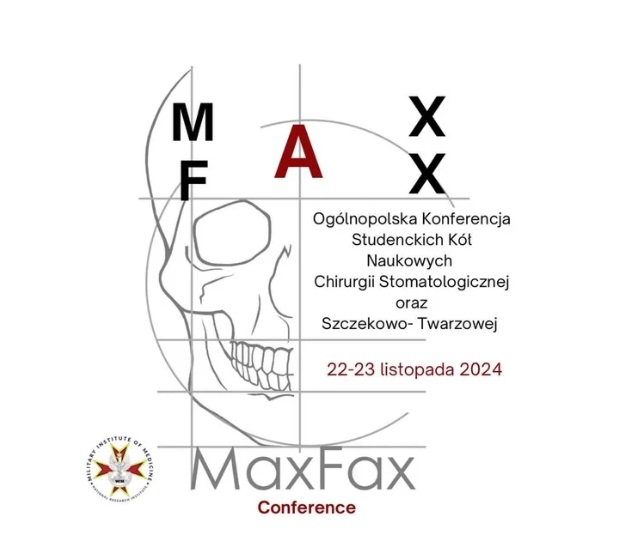 Plakat konferencji Maxfax. Napis MaxFax na tle grafiki ludzkiej czaszki na białym tle. W lewym dolnym rogu logo WIM-PIB.