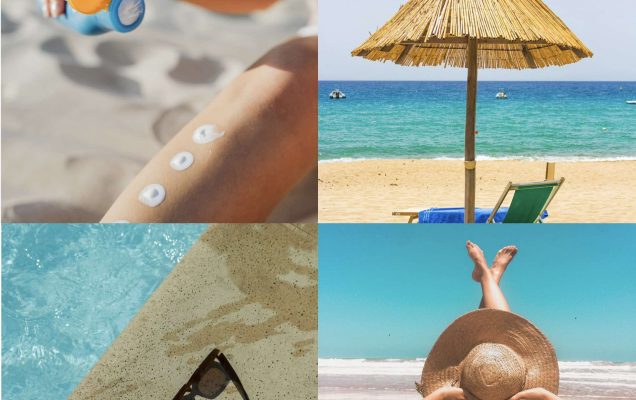 Grafika złożona z 4 zdjęć. Na pierwszej ćwiartce Kawałek osoby na plaży z olejkiem do opalania w ręku, na drugim Parasol z leżakiem na tle plaży, na trzecim okulary przeciwsłoneczne na brzegu basenu, na czwartej zdjęcie kobiety w słomkowym kapeluszu opalającej się na plaży.