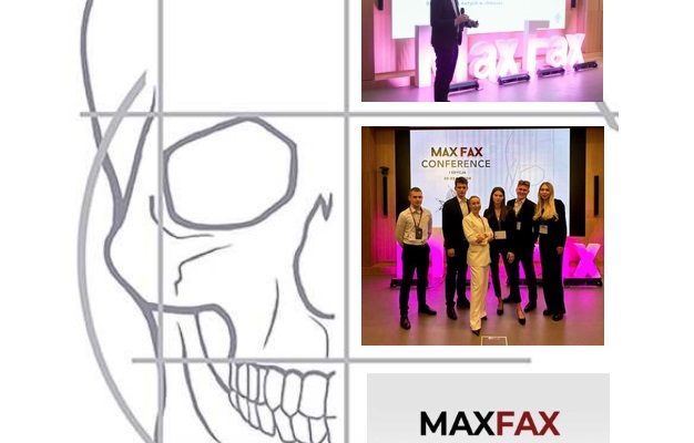 Konferencja max fax. Grafika kolorowa. Grafika ludzkiej czaszki i zdjęcia z konferencji max fax