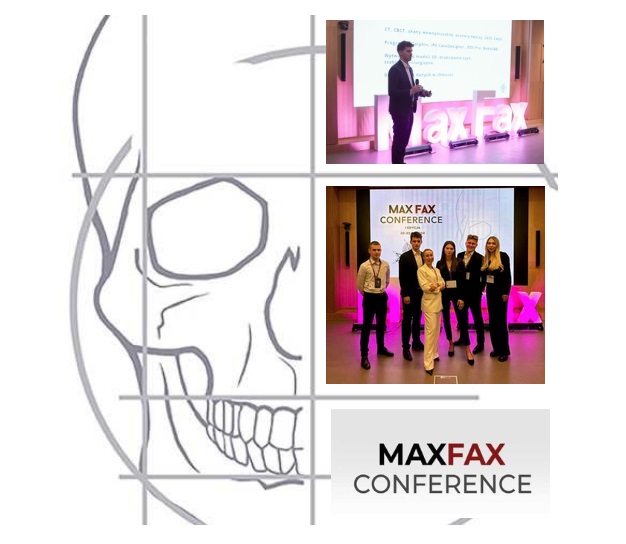 Konferencja max fax. Grafika kolorowa. Grafika ludzkiej czaszki i zdjęcia z konferencji max fax