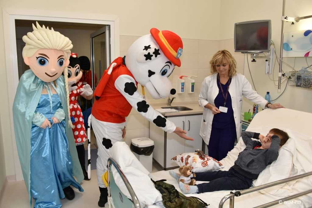 Zdjęcie kolorowe. Mikołajki w Wojskowym Instytucie Medycznym. Klinika Pediatryczna. Postaci z bajek Psi patrol i Kraina lodu witają się z chłopcem leżącym na łóżku w sali szpitalnej. Chłopiec zakrywa twarz rączkami, obok stoi pani pielęgniarka z kliniki pediatrycznej.