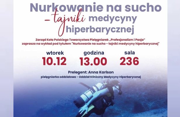 Plakat kolorowy zapraszający na wykład. W tle plakatu kobieta nurkująca na rafie koralowej. Napis: Zarząd Koła: „Profesjonalizm i Pasja
