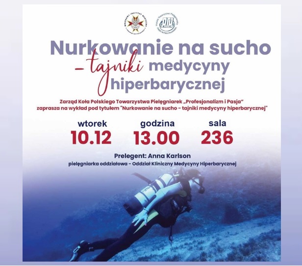 Plakat kolorowy zapraszający na wykład. W tle plakatu kobieta nurkująca na rafie koralowej. Napis: Zarząd Koła: „Profesjonalizm i Pasja