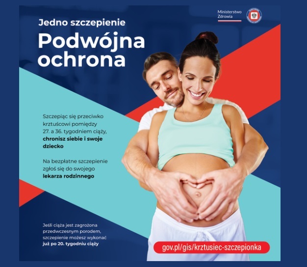 Plakat szczepienia kobiet w ciąży przeciw krztuścowi.
