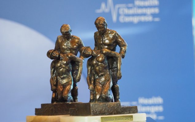 Statuetki Nagrody Animus Fortis (Mężny Duch). Statuetka wykonana z brązu przedstawia sanitariusza ratującego rannego żołnierza.