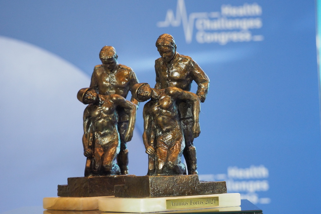 Statuetki Nagrody Animus Fortis (Mężny Duch). Statuetka wykonana z brązu przedstawia sanitariusza ratującego rannego żołnierza.