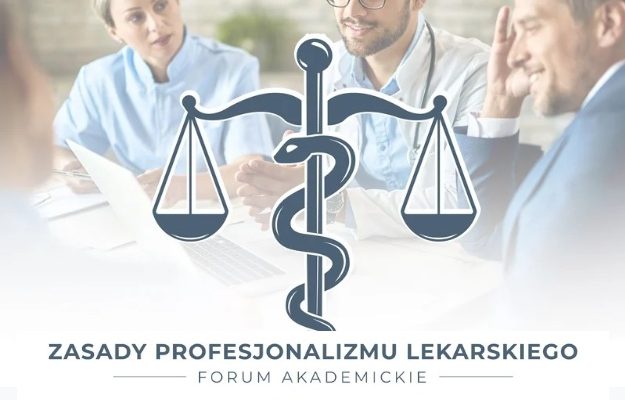 Plakat zapraszający na konferencje. Na pierwszym planie piktogram wagi szalkowej i oplecionym na niej wężem eskulapa. W tle postaci dwóch lekarzy i lekarki w kitlach lekarskich.
