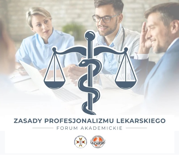 Plakat zapraszający na konferencje. Na pierwszym planie piktogram wagi szalkowej i oplecionym na niej wężem eskulapa. W tle postaci dwóch lekarzy i lekarki w kitlach lekarskich.