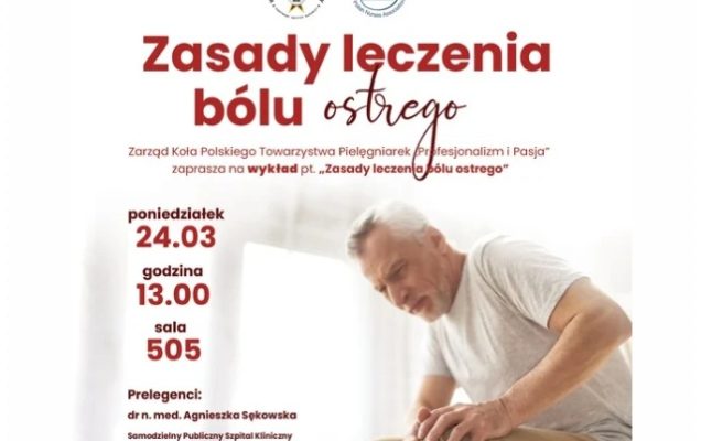 Plakat zapraszający na wykład Zasady Leczenia bólu. Na plakacie siedzący mężczyzna w wieku senioralnym trzymający się obiema rękami za kolano z grymasem bólu na twarzy.