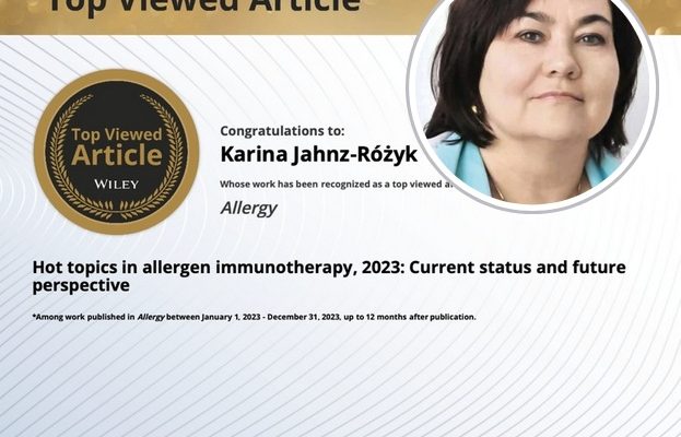 Kongratulacje za pracę prof. Kariny Jahnz-Różyk jednym z najczęściej czytanych artykułów w Wiley, w kółku jej zdjęcie.