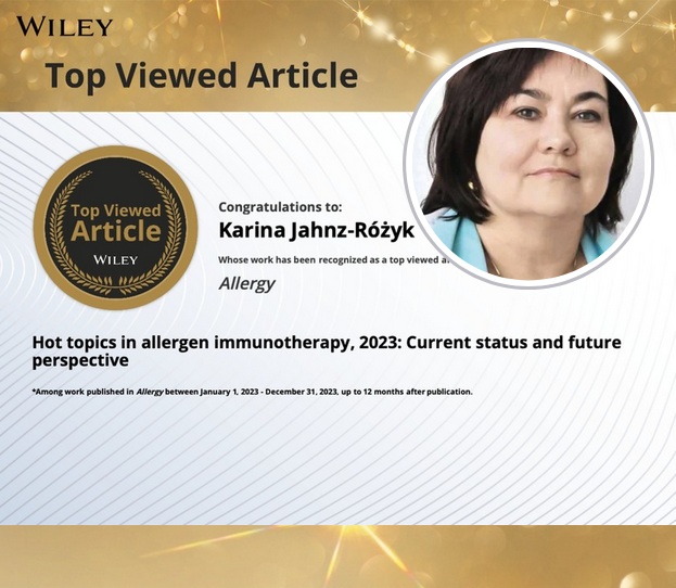 Kongratulacje za pracę prof. Kariny Jahnz-Różyk jednym z najczęściej czytanych artykułów w Wiley, w kółku jej zdjęcie.