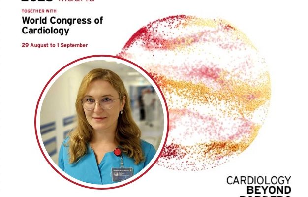 Plakat ESC Congress. Pani dr n. med. i n. o zdr. Anna Mierzyńska w kółku.