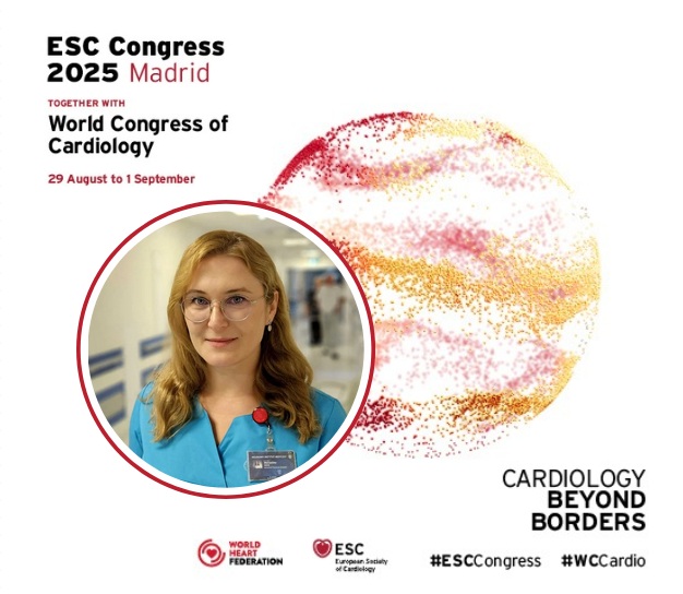 Plakat ESC Congress. Pani dr n. med. i n. o zdr. Anna Mierzyńska w kółku.