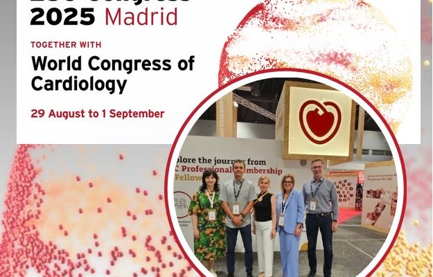 Plakat ESC Congress 2025 Madrid, w kółku naukowcy WIM pozujący do zdjęcia.
