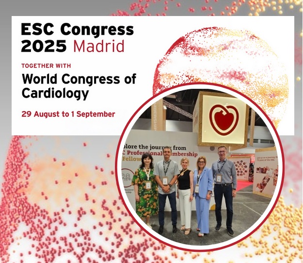 Plakat ESC Congress 2025 Madrid, w kółku naukowcy WIM pozujący do zdjęcia.