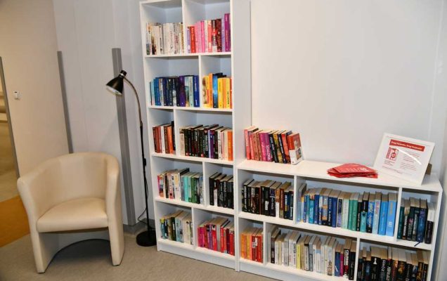 Zdjęcie półek z książkami w Biblioteczce Rak'n'Rolla, obok fotel i lampka
