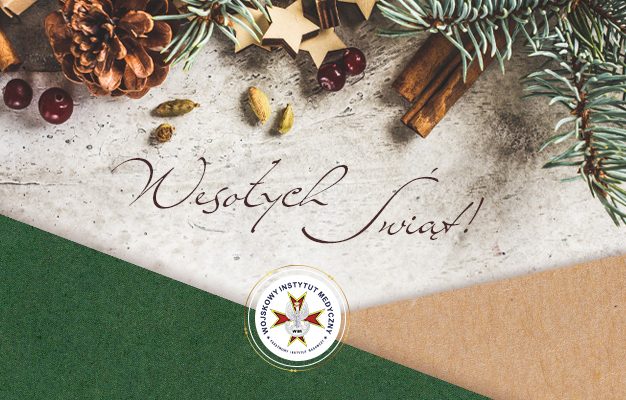 Świąteczne ozdoby, napis Wesołych świat. Pod napisem logo WIM-PIB.