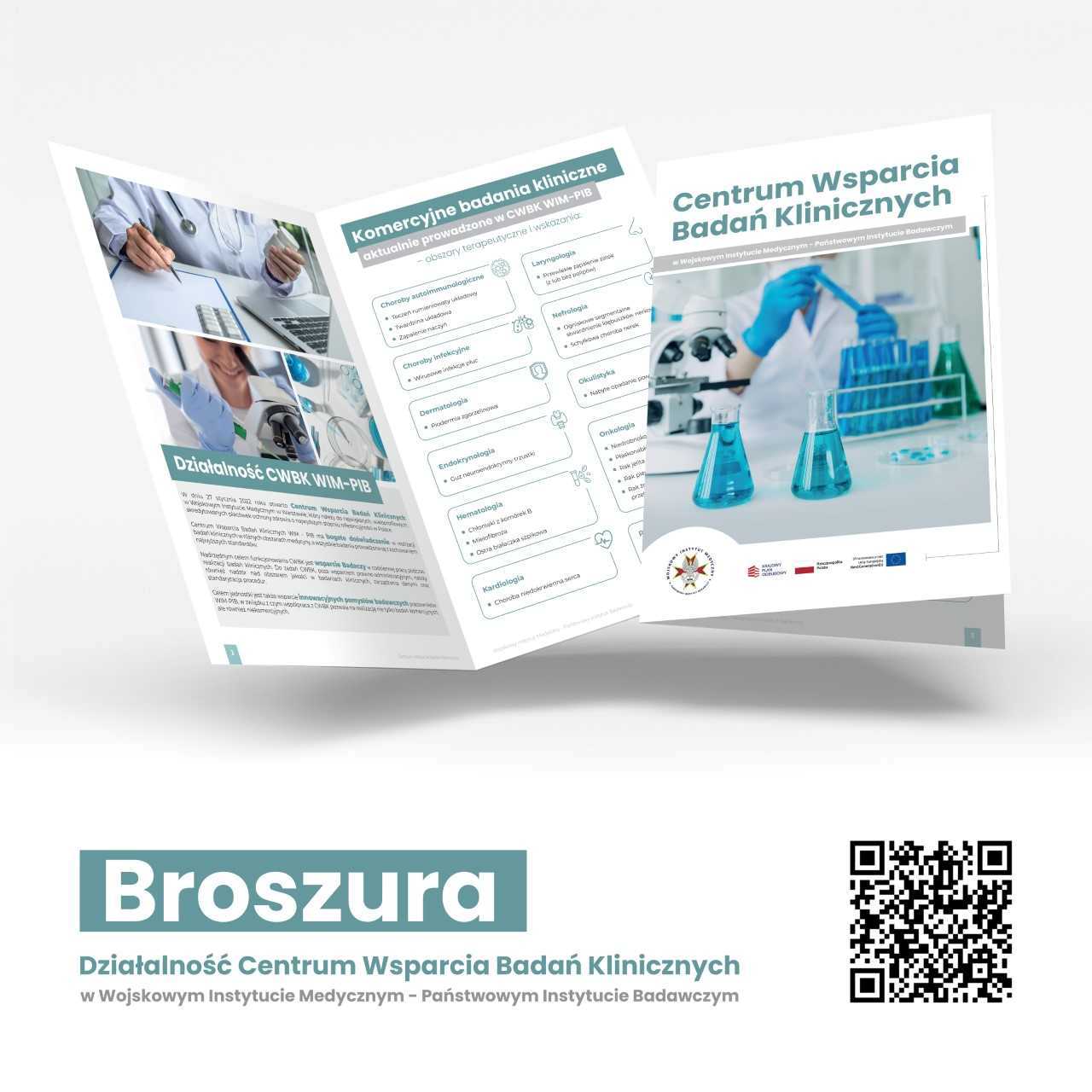 Okładka broszury Badania kliniczne z kodem qr w prawym dolnym rogu.