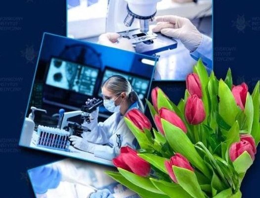 Plakat: różowe tulipany i pracujący laboranci.
