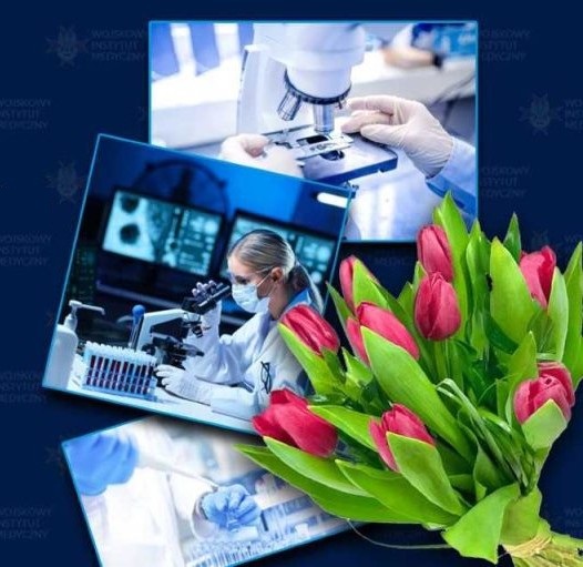 Plakat: różowe tulipany i pracujący laboranci.