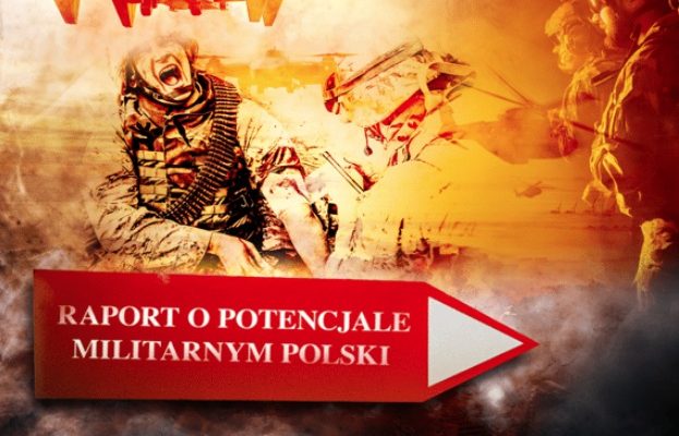 „Okładka raportu o potencjale militarnym Polski: na pierwszym planie żołnierz w hełmie i kamizelce taktycznej, wygląda jakby krzyczał lub wydawał komendy; w tle kilku żołnierzy, helikoptery i drony na pomarańczowym, ognistym niebie, sugerujące scenę działań wojskowych. Na środku widoczny tytuł: ‘Raport o potencjale militarnym Polski’.”