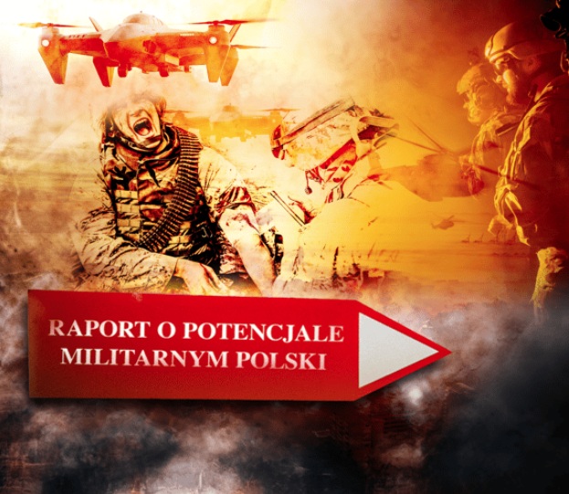 „Okładka raportu o potencjale militarnym Polski: na pierwszym planie żołnierz w hełmie i kamizelce taktycznej, wygląda jakby krzyczał lub wydawał komendy; w tle kilku żołnierzy, helikoptery i drony na pomarańczowym, ognistym niebie, sugerujące scenę działań wojskowych. Na środku widoczny tytuł: ‘Raport o potencjale militarnym Polski’.”