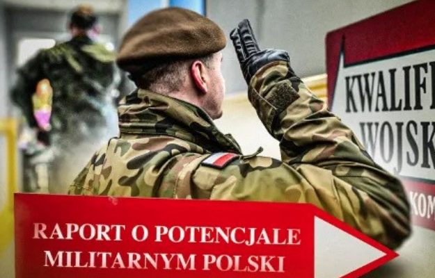 Salutujący żołnierze przed tablicą kwalifikacja wojskowa, napis: Raport o potencjale militarnym Polski.