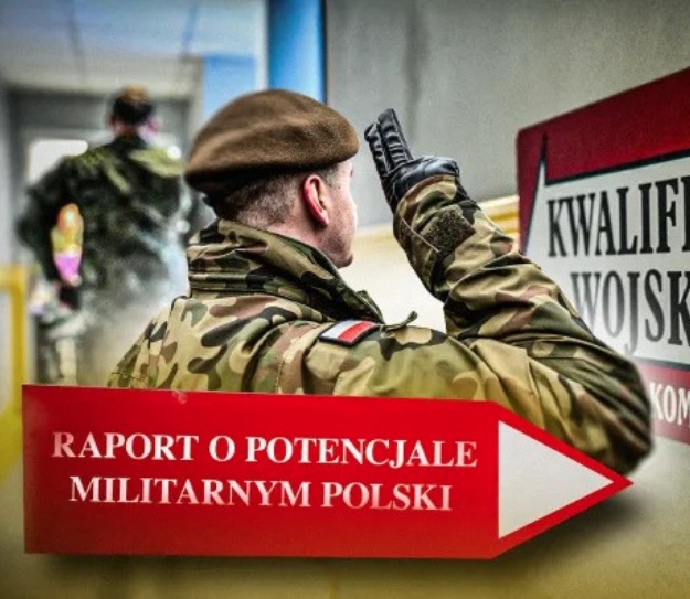 Salutujący żołnierze przed tablicą kwalifikacja wojskowa, napis: Raport o potencjale militarnym Polski.