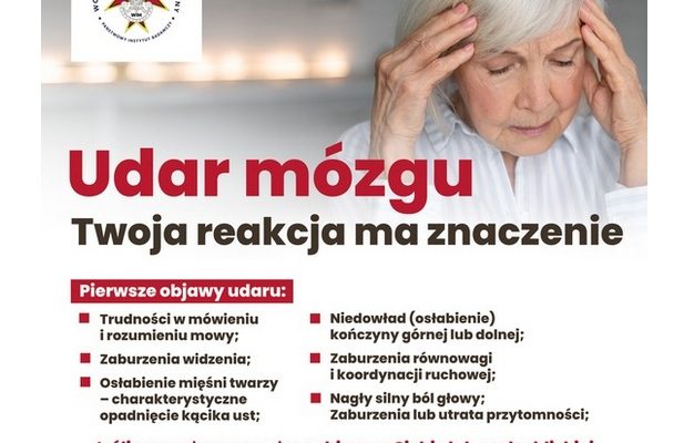Plakat edukacyjny o udarze mózgu z osobą trzymającą się za głowę; obok lista pierwszych objawów udaru oraz informacja o konieczności dzwonienia pod 999 lub 112.