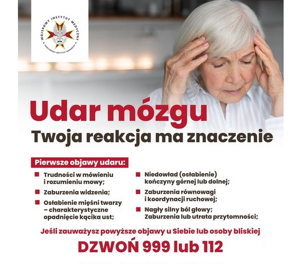 Plakat edukacyjny o udarze mózgu z osobą trzymającą się za głowę; obok lista pierwszych objawów udaru oraz informacja o konieczności dzwonienia pod 999 lub 112.