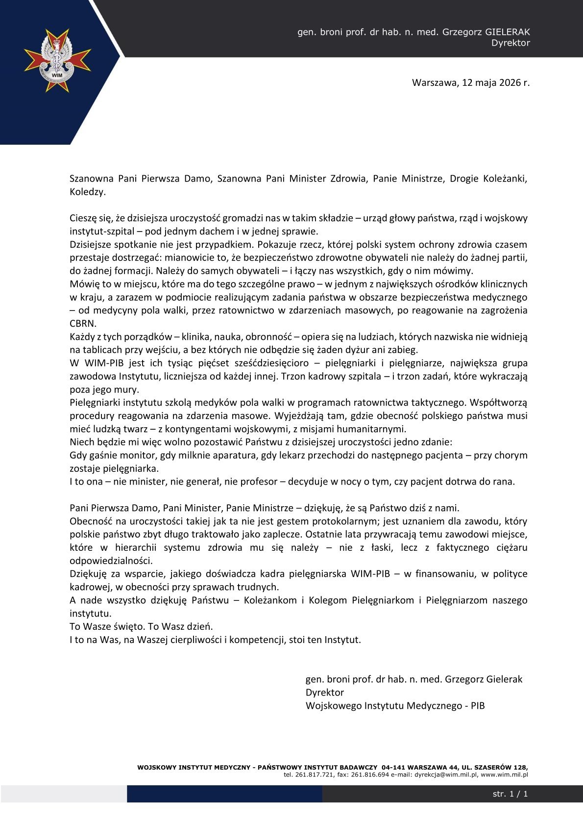 List Dyrektora WIM do Pierwszej Damy RP, treść listu w załączniku pdf.