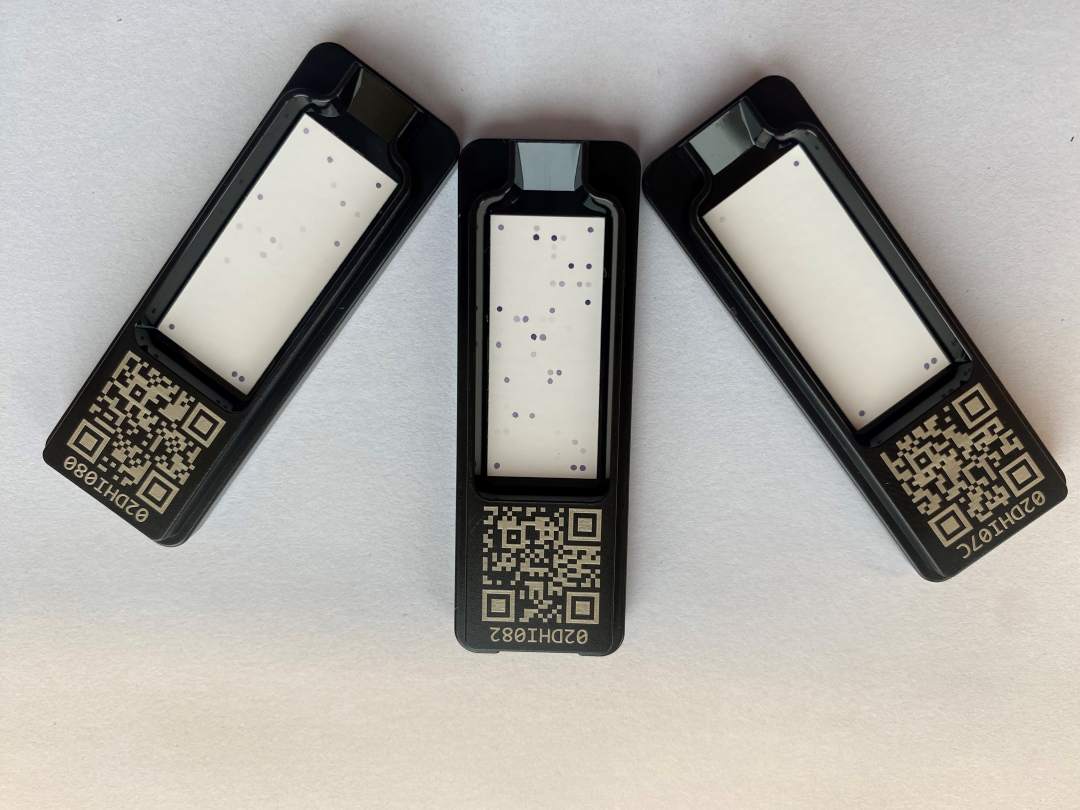 Trzy prostokątne czarne kartriże do testu ALEX3. W okienkach testów widać kropki pokazujące wykryty alergen, na dole każdy z testów ma nadrukowany kod qr.