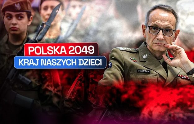 Grafika przedstawia grupę żołnierzy w mundurach wojskowych, z widocznymi beretami i karabinami, stojących w tle. Na pierwszym planie Grzegorz Gielerak siedzący w zamyślonej pozie z ręką przy twarzy. Na środku kompozycji widnieje napis w kolorowych prostokątach: „POLSKA 2049” oraz „KRAJ NASZYCH DZIECI”.