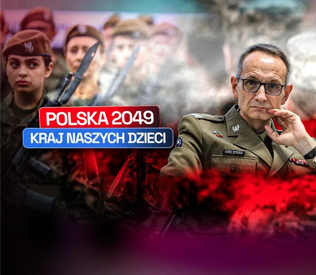 Grafika przedstawia grupę żołnierzy w mundurach wojskowych, z widocznymi beretami i karabinami, stojących w tle. Na pierwszym planie Grzegorz Gielerak siedzący w zamyślonej pozie z ręką przy twarzy. Na środku kompozycji widnieje napis w kolorowych prostokątach: „POLSKA 2049” oraz „KRAJ NASZYCH DZIECI”.
