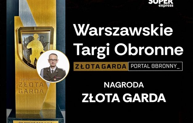 Złota statuetka nagrody złote gardy przedstawiająca sylwetkę żołnierza z bronią. W kółku Grzegorz Gielerak.