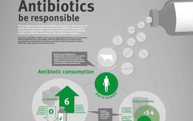 Infografika w języku angielskim zatytułowana „Antibiotics be responsible”, przedstawiająca problem nadużywania antybiotyków i wzrostu oporności bakterii. Na szarym tle widoczna jest butelka po prawej stronie, z której wysypują się białe tabletki symbolizujące antybiotyki. W centralnej części znajdują się zielone i szare okręgi z ikonami człowieka i zwierzęcia, ilustrujące zużycie antybiotyków u ludzi i zwierząt. W dolnej części pokazano dane dotyczące konsumpcji antybiotyków w szpitalach i społeczności: sześć krajów odnotowało wzrost zużycia, żaden spadku, a różnice między krajami sięgają 3,4-krotności. Tekst wyjaśnia, że niewłaściwe stosowanie antybiotyków przyczynia się do rozwoju oporności i ogranicza skuteczność leczenia chorób. Całość utrzymana w minimalistycznej, czytelnej kolorystyce szarości i zieleni, podkreślającej temat odpowiedzialnego stosowania antybiotyków.