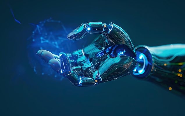 grafika przedstawiająca metaliczną, cybernetyczną dłoń robota wyciągniętą do przodu na ciemnoniebieskim tle