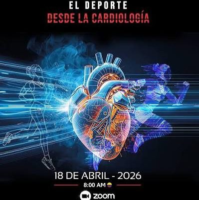 Plakat promujący sympozjum „El Deporte Desde la Cardiología” organizowane przez Colegio Colombiano de Electrofisiología Cardiovascular. W centrum znajduje się realistyczna, cyfrowa ilustracja ludzkiego serca otoczona dynamicznymi sylwetkami biegaczy w niebiesko-fioletowych odcieniach. U góry widnieje tytuł wydarzenia w języku hiszpańskim, a poniżej informacje: 18 de abril 2026, godz. 8:00 AM, platforma Zoom.