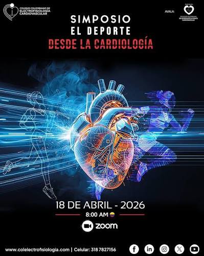 Plakat promujący sympozjum „El Deporte Desde la Cardiología” organizowane przez Colegio Colombiano de Electrofisiología Cardiovascular. W centrum znajduje się realistyczna, cyfrowa ilustracja ludzkiego serca otoczona dynamicznymi sylwetkami biegaczy w niebiesko-fioletowych odcieniach. U góry widnieje tytuł wydarzenia w języku hiszpańskim, a poniżej informacje: 18 de abril 2026, godz. 8:00 AM, platforma Zoom.