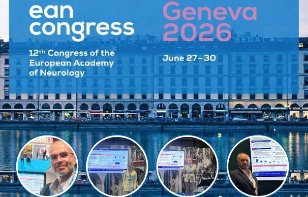 Grafika promująca 12. Kongres Europejskiej Akademii Neurologii (EAN Congress), który odbędzie się w Genewie w dniach 27–30 czerwca 2026 roku. W tle widoczna panorama miasta z budynkami nad brzegiem jeziora. Na górze umieszczono napisy: „ean congress”, „Geneva 2026”, „12th Congress of the European Academy of Neurology”, „June 27–30”. W dolnej części znajdują się cztery okrągłe zdjęcia przedstawiające uczestników kongresu stojących przy naukowych posterach lub ekranach prezentacyjnych.