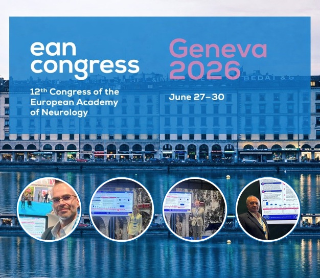 Grafika promująca 12. Kongres Europejskiej Akademii Neurologii (EAN Congress), który odbędzie się w Genewie w dniach 27–30 czerwca 2026 roku. W tle widoczna panorama miasta z budynkami nad brzegiem jeziora. Na górze umieszczono napisy: „ean congress”, „Geneva 2026”, „12th Congress of the European Academy of Neurology”, „June 27–30”. W dolnej części znajdują się cztery okrągłe zdjęcia przedstawiające uczestników kongresu stojących przy naukowych posterach lub ekranach prezentacyjnych.